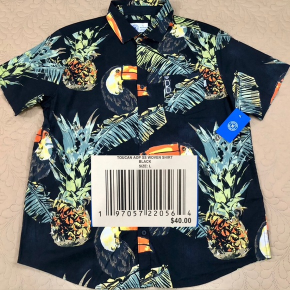 NEW..MEN LARGE HURLEY TOUCAN AOP WOVEN BUTTON DOWN SHIRT (BLACK/MULTI) - Picture 1 of 10